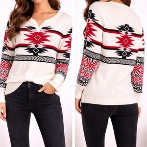 WCozy Aztec-Pattern V-Notch Sweater - Ivory & Red